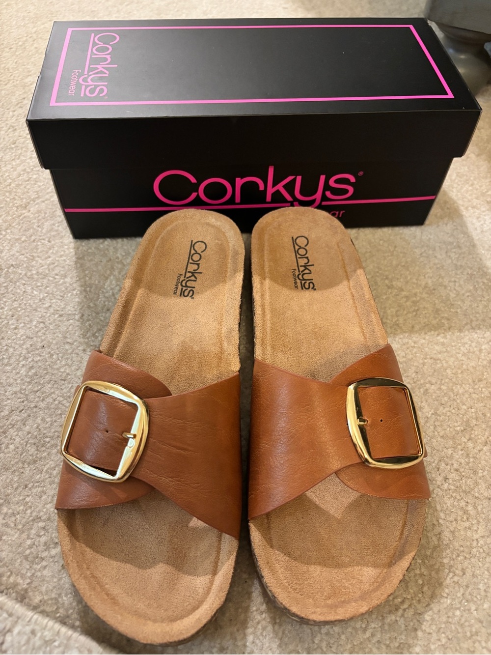 Corkys Women's Brown Slide Sandals with Gold Buckles